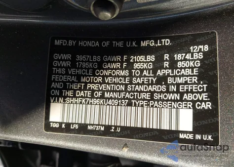 2019 Honda Civic Sport Touring из США, поврежденный, VIN SHHFK7H96KU409137